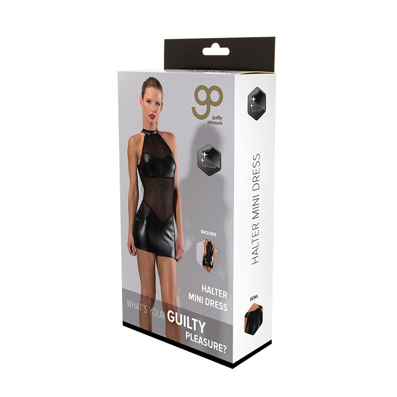 GP WETLOOK HALTER MINI DRESS BLACK, L