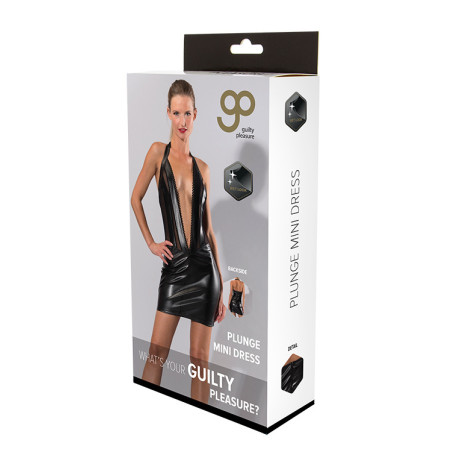 GP WETLOOK PLUNGE MINI DRESS BLACK, L