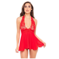 2PC LACE & MESH HALTER BABYDOLL & G-STRING SET RED, L