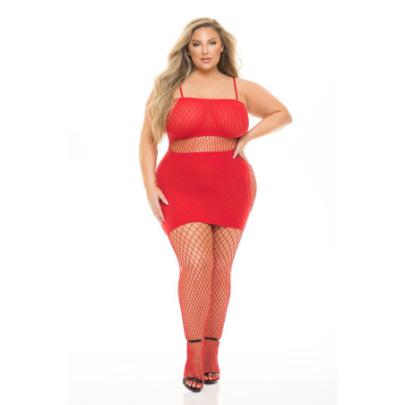 SET THE TONE 3PC FISHNET SET RED, PLUS SIZE