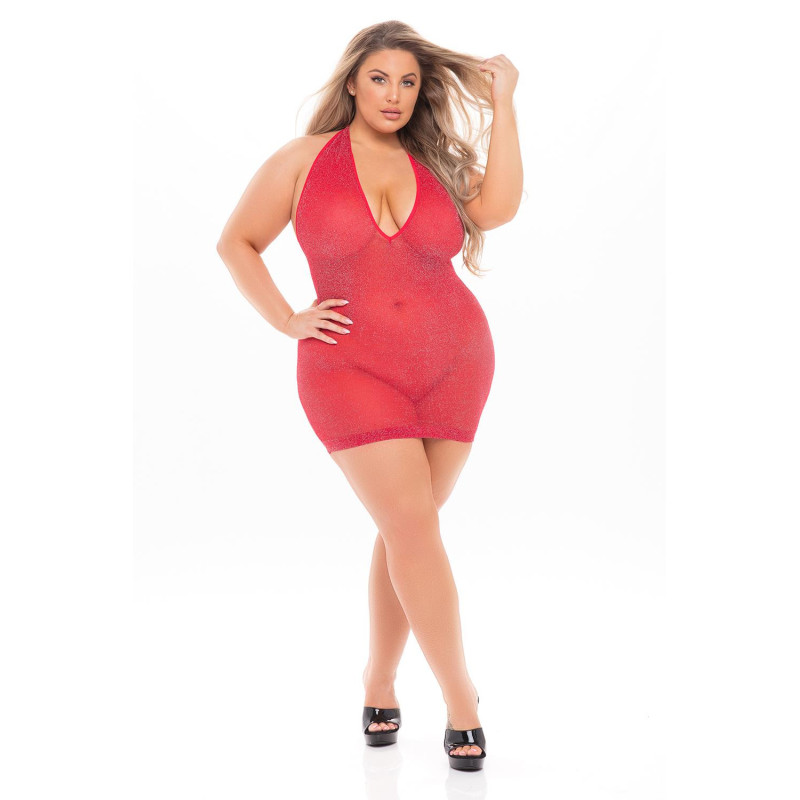 LOVE BITE PLUNGE HALTER DRESS RED, PLUS SIZE