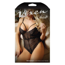 WANDERLUST CROTCHLESS CHEVRON LACE TEDDY, OS