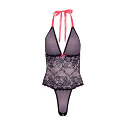 BARELY BARE V PLUNGE LACE & MESH TEDDY, OS