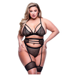 3PC STRAPPY BRA, GARTER & PANTY SET BLACK, QUEEN