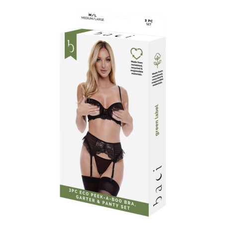 BACI 3 PCS ECO PEEK-A-BOO BRA, GARTER & PANTY SET BLACK, M/L