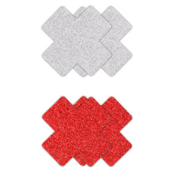 PRETTY PASTIES GLITTER CROSS RED SILVER 2 PAIR