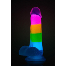 NEO ELITE GLOW IN THE DARK RAINBOW RAVE 6.5 INCH SILICONE DUAL DENSITY DILDO MULTICOLORED