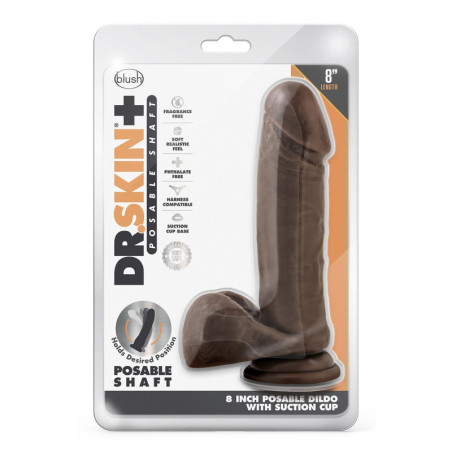 DR. SKIN PLUS 8 INCH POSABLE DILDO WITH BALLS CHOCOLATE