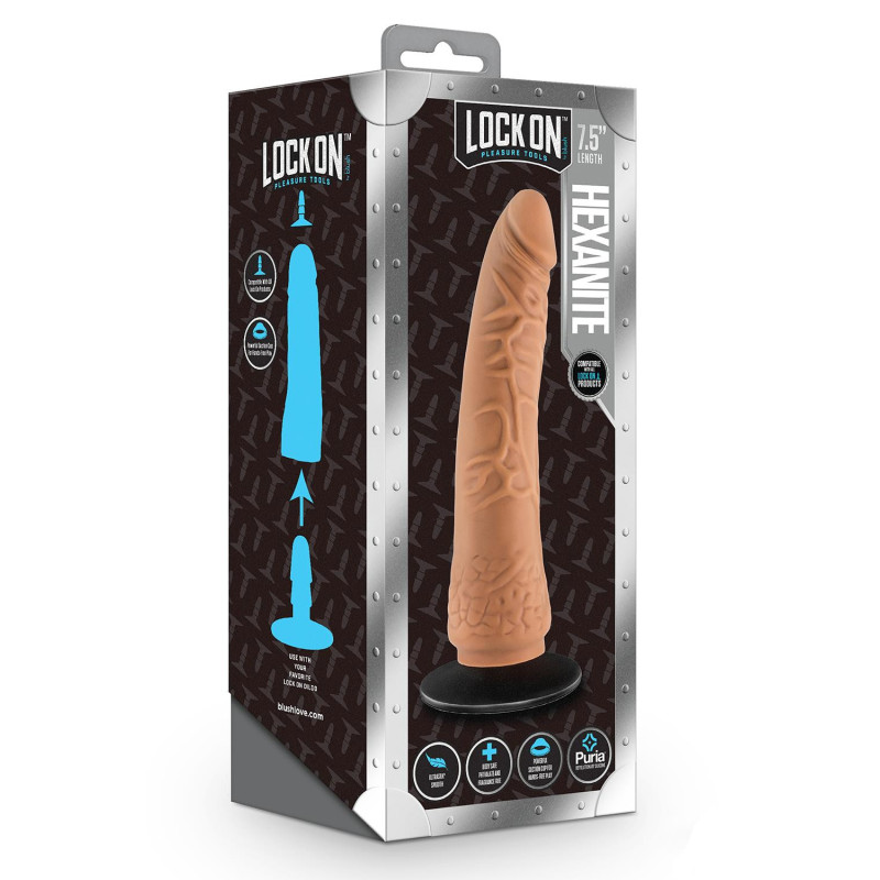 LOCK ON HEXANITE 7.5 INCH DILDO WITH SUCTION CUP ADAPTER MOCHA